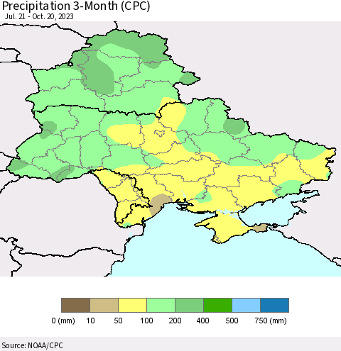 Ukraine, Moldova and Belarus Precipitation 3-Month (CPC) Thematic Map For 7/21/2023 - 10/20/2023