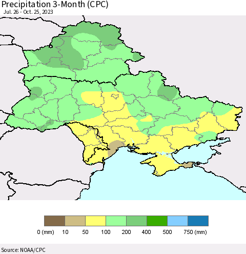 Ukraine, Moldova and Belarus Precipitation 3-Month (CPC) Thematic Map For 7/26/2023 - 10/25/2023