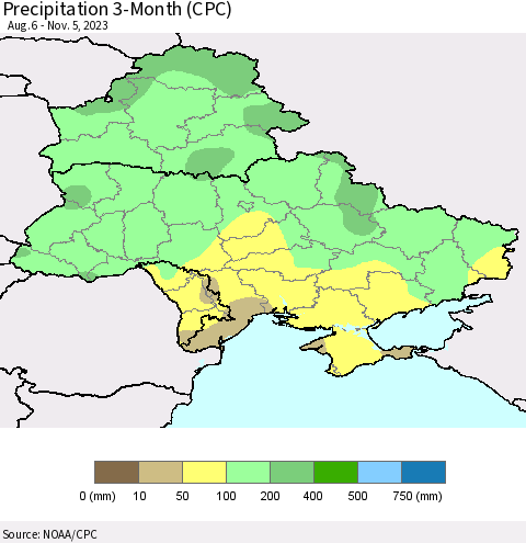 Ukraine, Moldova and Belarus Precipitation 3-Month (CPC) Thematic Map For 8/6/2023 - 11/5/2023