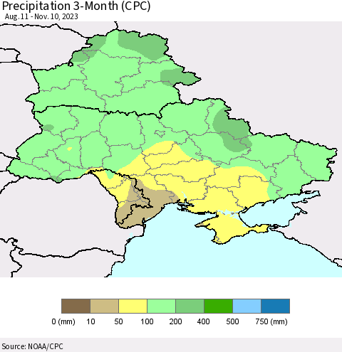 Ukraine, Moldova and Belarus Precipitation 3-Month (CPC) Thematic Map For 8/11/2023 - 11/10/2023