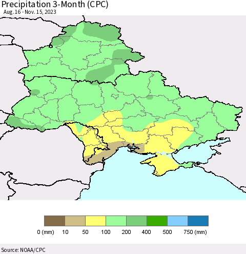 Ukraine, Moldova and Belarus Precipitation 3-Month (CPC) Thematic Map For 8/16/2023 - 11/15/2023