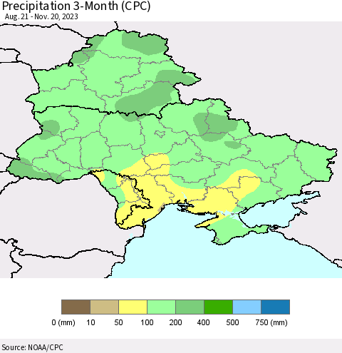Ukraine, Moldova and Belarus Precipitation 3-Month (CPC) Thematic Map For 8/21/2023 - 11/20/2023