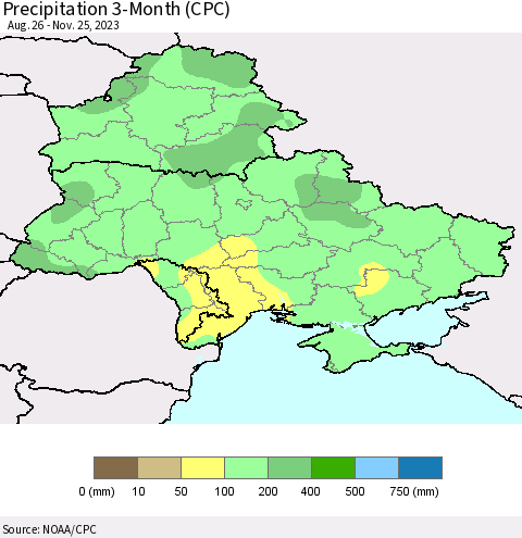 Ukraine, Moldova and Belarus Precipitation 3-Month (CPC) Thematic Map For 8/26/2023 - 11/25/2023