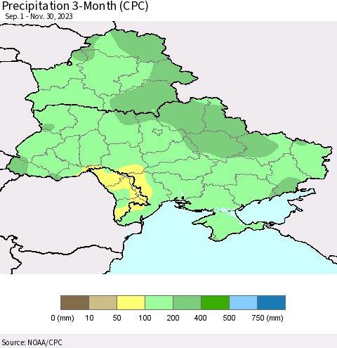 Ukraine, Moldova and Belarus Precipitation 3-Month (CPC) Thematic Map For 9/1/2023 - 11/30/2023