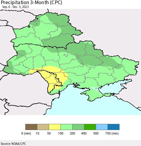 Ukraine, Moldova and Belarus Precipitation 3-Month (CPC) Thematic Map For 9/6/2023 - 12/5/2023