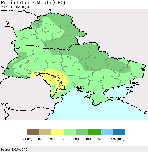 Ukraine, Moldova and Belarus Precipitation 3-Month (CPC) Thematic Map For 9/11/2023 - 12/10/2023