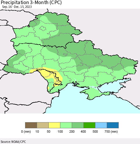 Ukraine, Moldova and Belarus Precipitation 3-Month (CPC) Thematic Map For 9/16/2023 - 12/15/2023