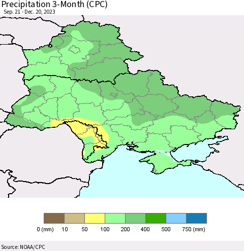 Ukraine, Moldova and Belarus Precipitation 3-Month (CPC) Thematic Map For 9/21/2023 - 12/20/2023