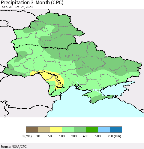 Ukraine, Moldova and Belarus Precipitation 3-Month (CPC) Thematic Map For 9/26/2023 - 12/25/2023