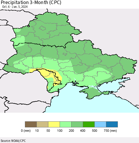 Ukraine, Moldova and Belarus Precipitation 3-Month (CPC) Thematic Map For 10/6/2023 - 1/5/2024