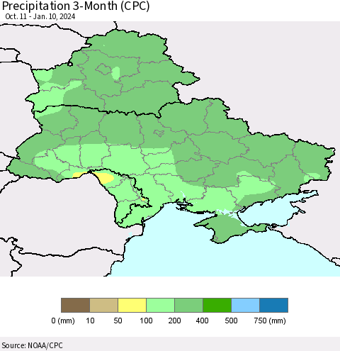 Ukraine, Moldova and Belarus Precipitation 3-Month (CPC) Thematic Map For 10/11/2023 - 1/10/2024