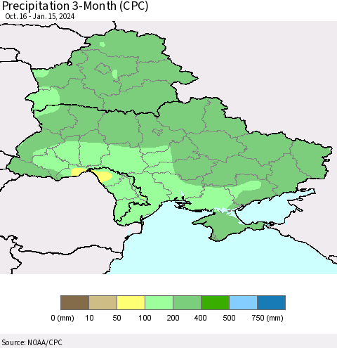 Ukraine, Moldova and Belarus Precipitation 3-Month (CPC) Thematic Map For 10/16/2023 - 1/15/2024