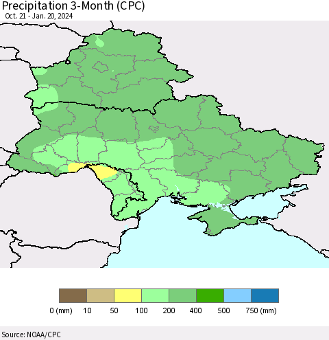 Ukraine, Moldova and Belarus Precipitation 3-Month (CPC) Thematic Map For 10/21/2023 - 1/20/2024