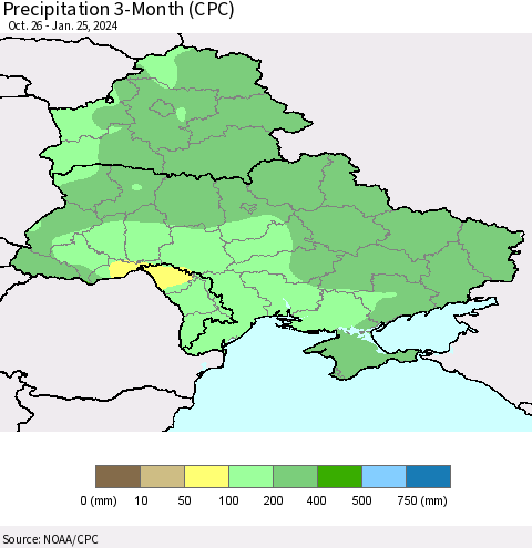 Ukraine, Moldova and Belarus Precipitation 3-Month (CPC) Thematic Map For 10/26/2023 - 1/25/2024