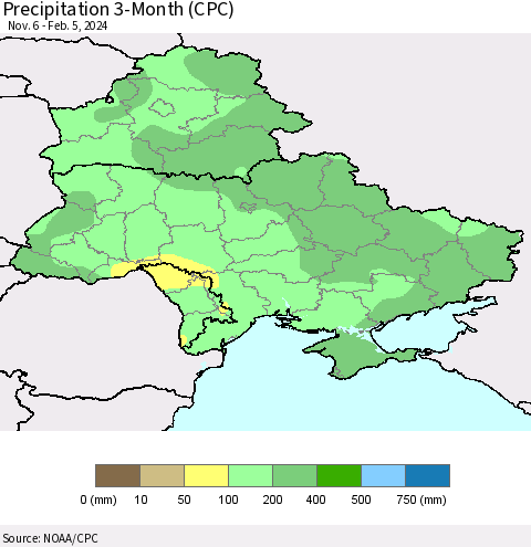 Ukraine, Moldova and Belarus Precipitation 3-Month (CPC) Thematic Map For 11/6/2023 - 2/5/2024