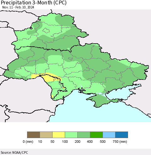 Ukraine, Moldova and Belarus Precipitation 3-Month (CPC) Thematic Map For 11/11/2023 - 2/10/2024