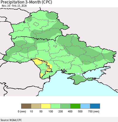 Ukraine, Moldova and Belarus Precipitation 3-Month (CPC) Thematic Map For 11/16/2023 - 2/15/2024