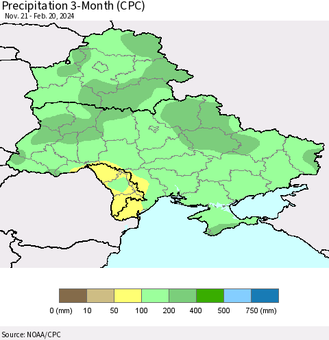 Ukraine, Moldova and Belarus Precipitation 3-Month (CPC) Thematic Map For 11/21/2023 - 2/20/2024