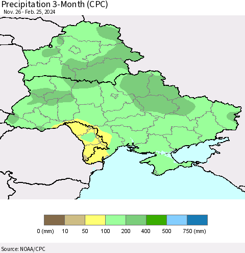 Ukraine, Moldova and Belarus Precipitation 3-Month (CPC) Thematic Map For 11/26/2023 - 2/25/2024