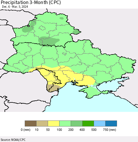 Ukraine, Moldova and Belarus Precipitation 3-Month (CPC) Thematic Map For 12/6/2023 - 3/5/2024