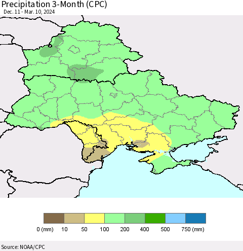 Ukraine, Moldova and Belarus Precipitation 3-Month (CPC) Thematic Map For 12/11/2023 - 3/10/2024