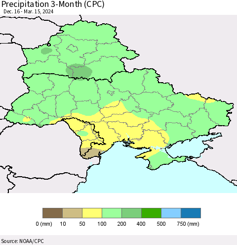 Ukraine, Moldova and Belarus Precipitation 3-Month (CPC) Thematic Map For 12/16/2023 - 3/15/2024