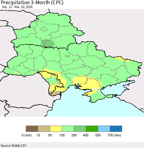 Ukraine, Moldova and Belarus Precipitation 3-Month (CPC) Thematic Map For 12/21/2023 - 3/20/2024