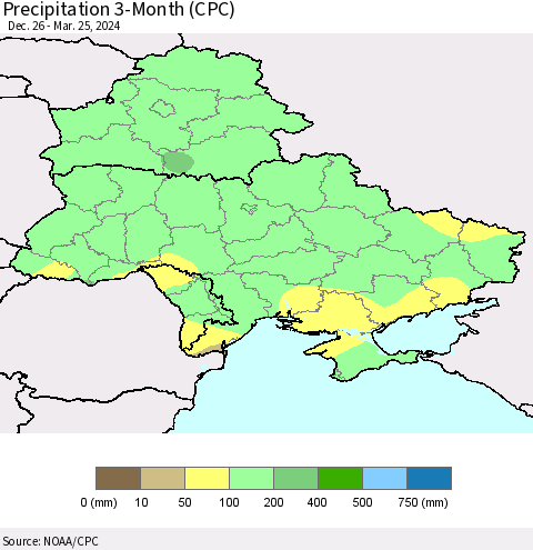 Ukraine, Moldova and Belarus Precipitation 3-Month (CPC) Thematic Map For 12/26/2023 - 3/25/2024