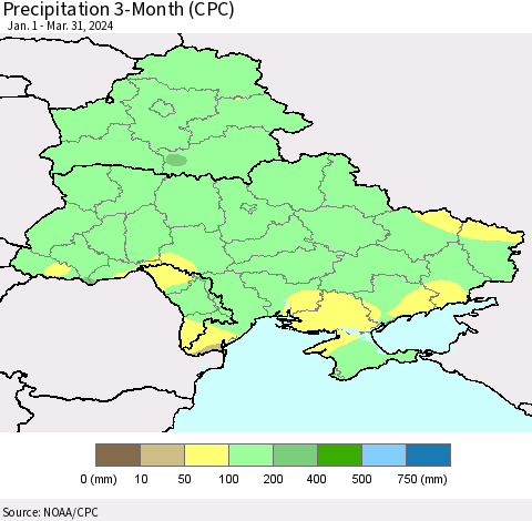 Ukraine, Moldova and Belarus Precipitation 3-Month (CPC) Thematic Map For 1/1/2024 - 3/31/2024