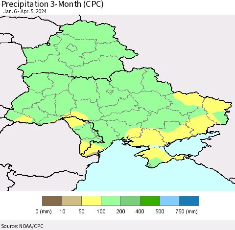 Ukraine, Moldova and Belarus Precipitation 3-Month (CPC) Thematic Map For 1/6/2024 - 4/5/2024
