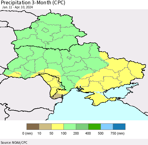 Ukraine, Moldova and Belarus Precipitation 3-Month (CPC) Thematic Map For 1/11/2024 - 4/10/2024
