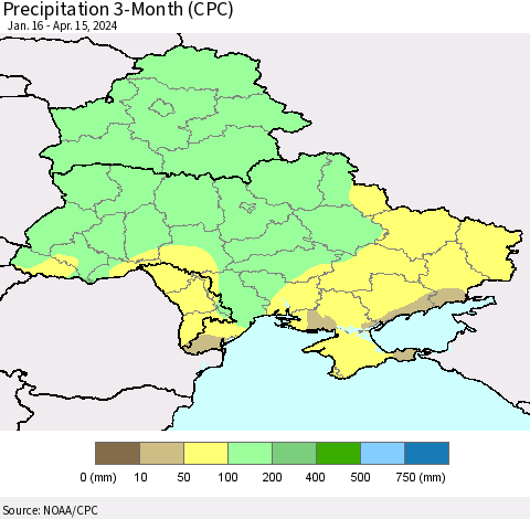 Ukraine, Moldova and Belarus Precipitation 3-Month (CPC) Thematic Map For 1/16/2024 - 4/15/2024