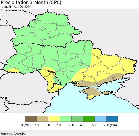 Ukraine, Moldova and Belarus Precipitation 3-Month (CPC) Thematic Map For 1/21/2024 - 4/20/2024
