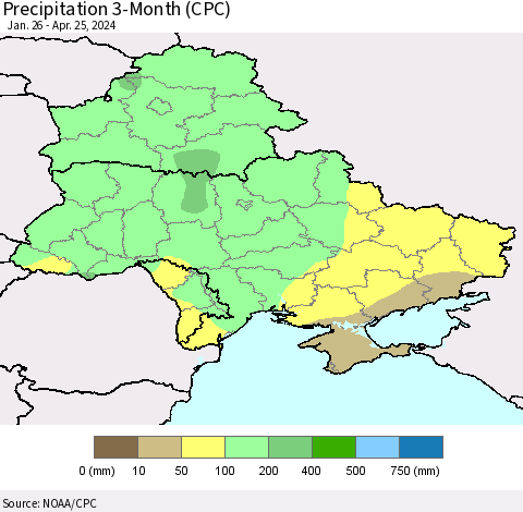 Ukraine, Moldova and Belarus Precipitation 3-Month (CPC) Thematic Map For 1/26/2024 - 4/25/2024