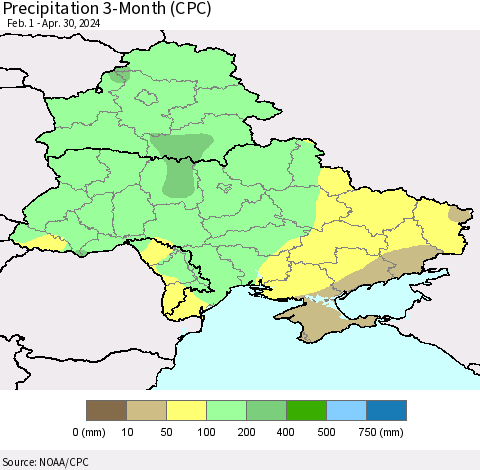 Ukraine, Moldova and Belarus Precipitation 3-Month (CPC) Thematic Map For 2/1/2024 - 4/30/2024