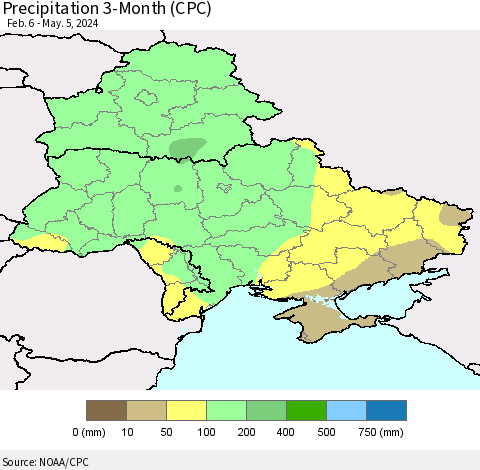 Ukraine, Moldova and Belarus Precipitation 3-Month (CPC) Thematic Map For 2/6/2024 - 5/5/2024