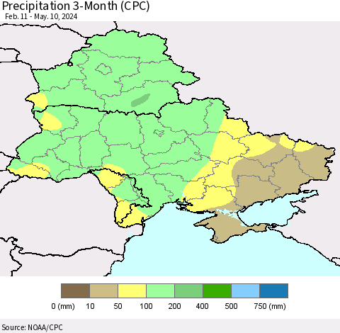 Ukraine, Moldova and Belarus Precipitation 3-Month (CPC) Thematic Map For 2/11/2024 - 5/10/2024