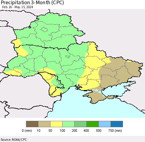 Ukraine, Moldova and Belarus Precipitation 3-Month (CPC) Thematic Map For 2/16/2024 - 5/15/2024