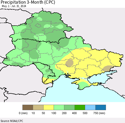 Ukraine, Moldova and Belarus Precipitation 3-Month (CPC) Thematic Map For 5/1/2024 - 7/31/2024
