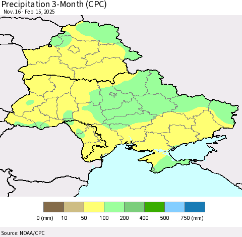 Ukraine, Moldova and Belarus Precipitation 3-Month (CPC) Thematic Map For 11/16/2024 - 2/15/2025