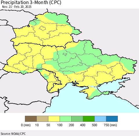 Ukraine, Moldova and Belarus Precipitation 3-Month (CPC) Thematic Map For 11/21/2024 - 2/20/2025