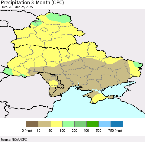 Ukraine, Moldova and Belarus Precipitation 3-Month (CPC) Thematic Map For 12/26/2024 - 3/25/2025