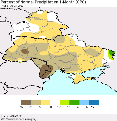 Ukraine, Moldova and Belarus Percent of Normal Precipitation 1-Month (CPC) Thematic Map For 3/6/2019 - 4/5/2019