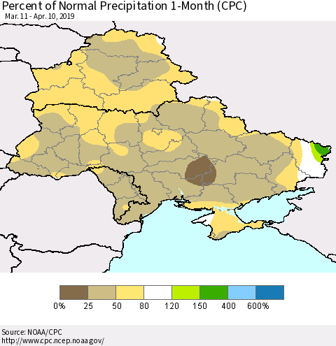 Ukraine, Moldova and Belarus Percent of Normal Precipitation 1-Month (CPC) Thematic Map For 3/11/2019 - 4/10/2019