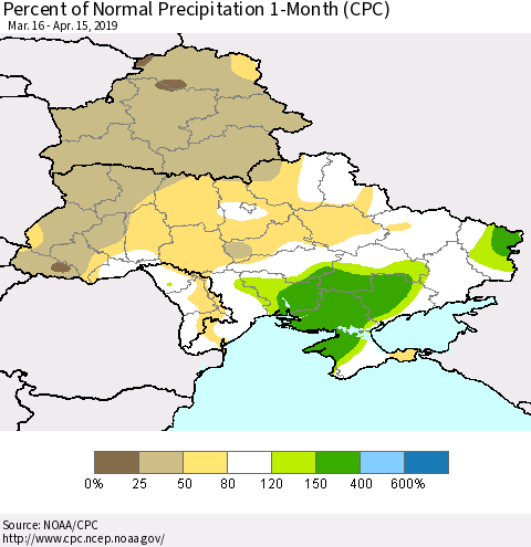 Ukraine, Moldova and Belarus Percent of Normal Precipitation 1-Month (CPC) Thematic Map For 3/16/2019 - 4/15/2019