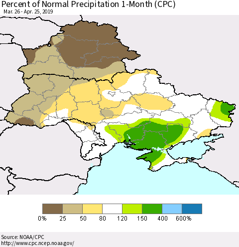 Ukraine, Moldova and Belarus Percent of Normal Precipitation 1-Month (CPC) Thematic Map For 3/26/2019 - 4/25/2019
