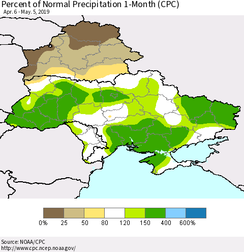 Ukraine, Moldova and Belarus Percent of Normal Precipitation 1-Month (CPC) Thematic Map For 4/6/2019 - 5/5/2019