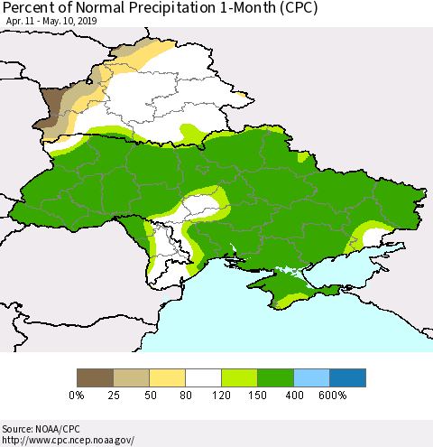 Ukraine, Moldova and Belarus Percent of Normal Precipitation 1-Month (CPC) Thematic Map For 4/11/2019 - 5/10/2019