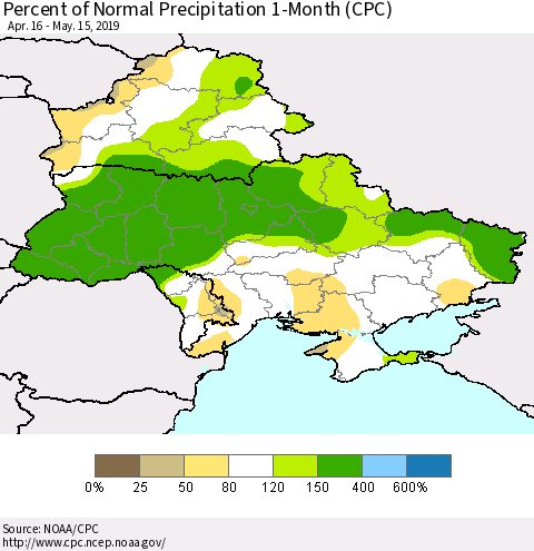 Ukraine, Moldova and Belarus Percent of Normal Precipitation 1-Month (CPC) Thematic Map For 4/16/2019 - 5/15/2019