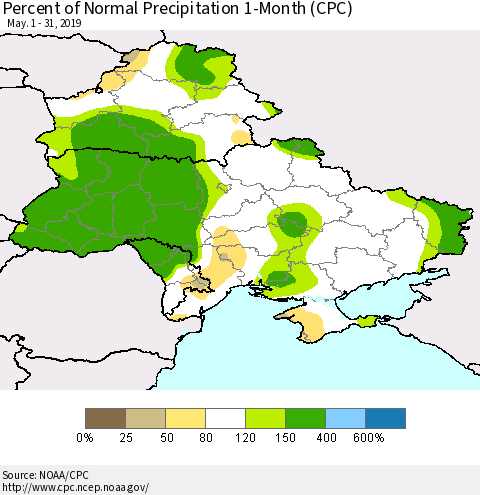 Ukraine, Moldova and Belarus Percent of Normal Precipitation 1-Month (CPC) Thematic Map For 5/1/2019 - 5/31/2019